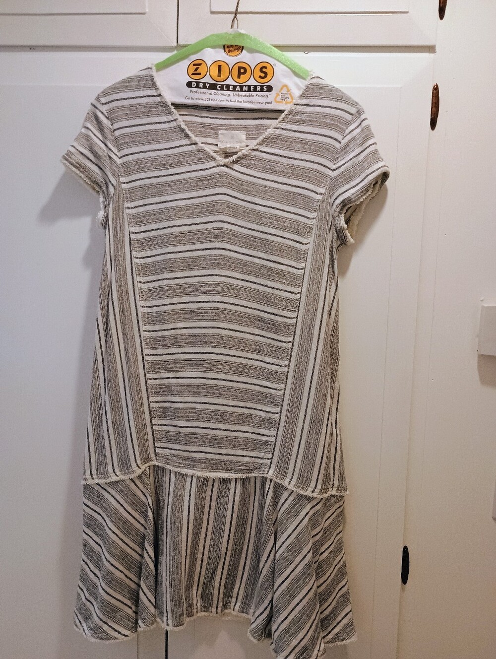 Caslon Coastal Navy Blue Striped Short Sleeve Drop-Waist Dress - Linen Blend